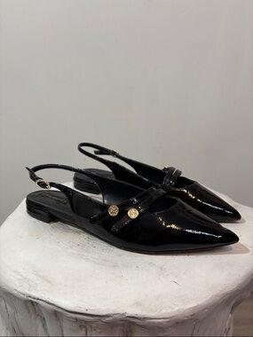 Talbots Scarlet Shiny Black Crinkle Patent Leather Slingback Flats Pointed Toe
